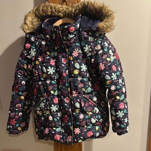 Floral Patterned Kids Puffer Ski Jacket with Faux Fur Hood